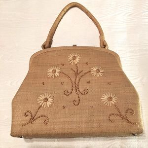 Soure' Vintage Straw handbag, embellished with flowers and beads